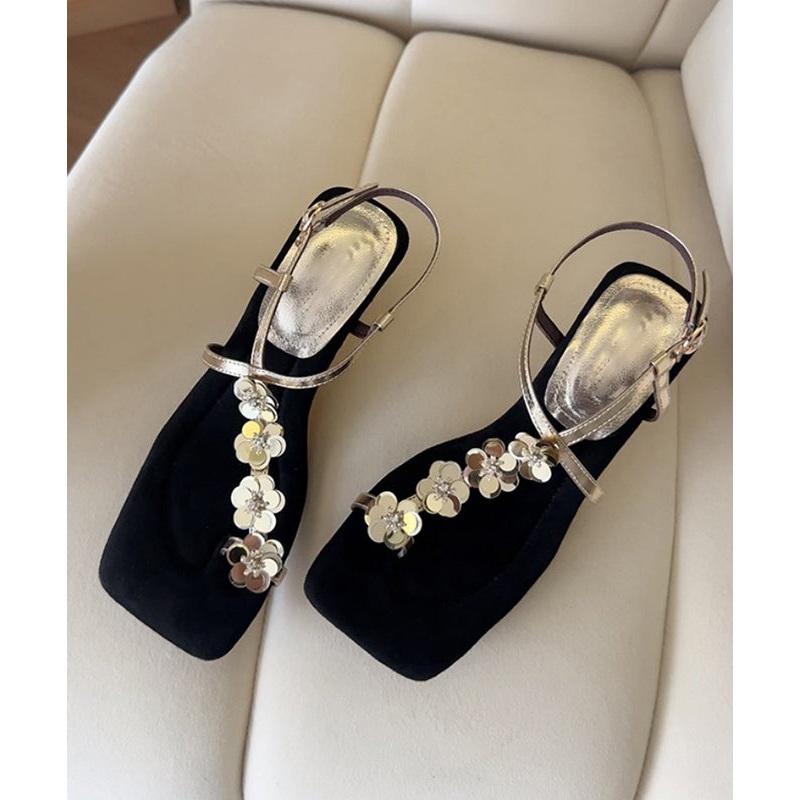 Wedge Sandals Leather Gold Faux French Heels Floral