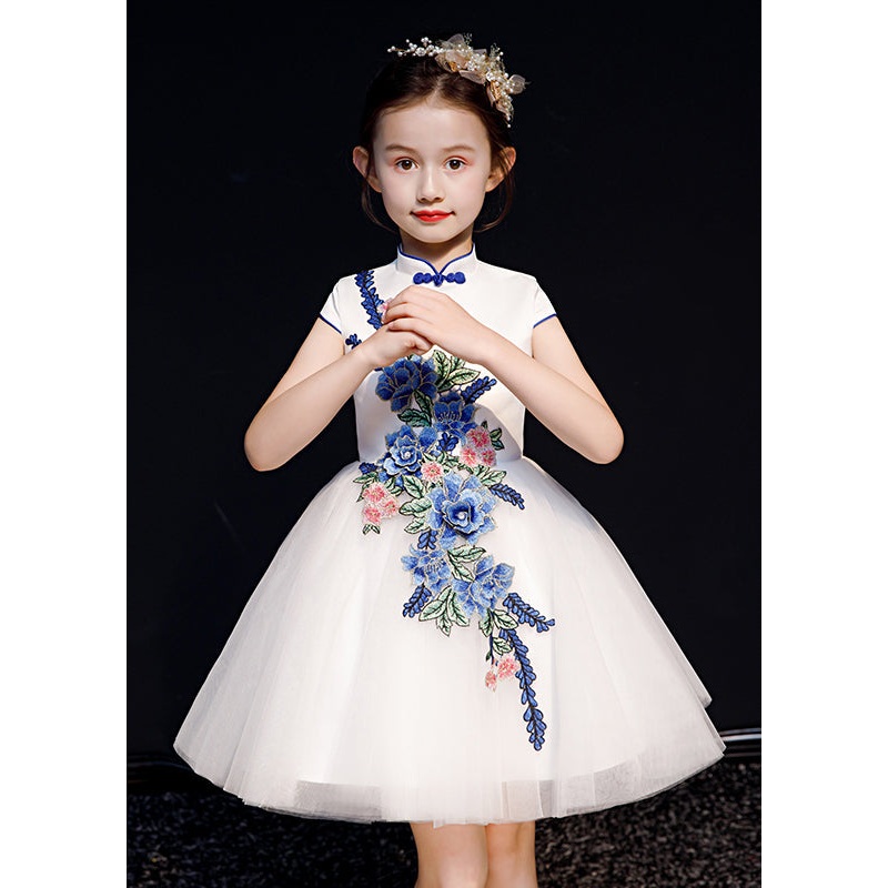 White Embroideried Summer Long Button Girls Dress Stylish Tulle