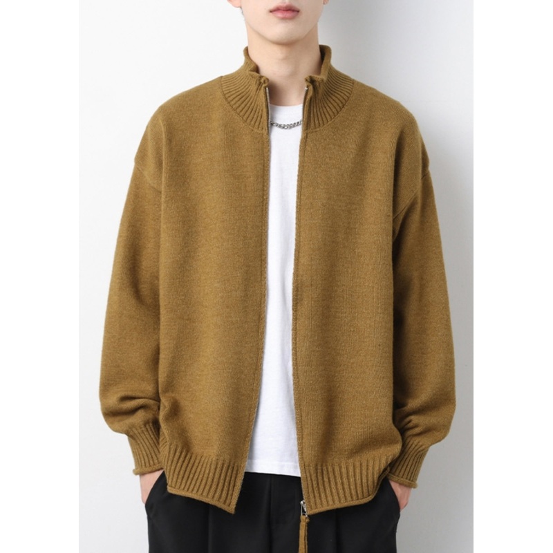 Zip Cardigans Simple Knit Solid Yellow Mens Up Spring