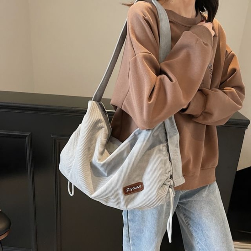 Bag Striped Corduroy Shoulder|Black|Blue|Khaki|Pink|One Size