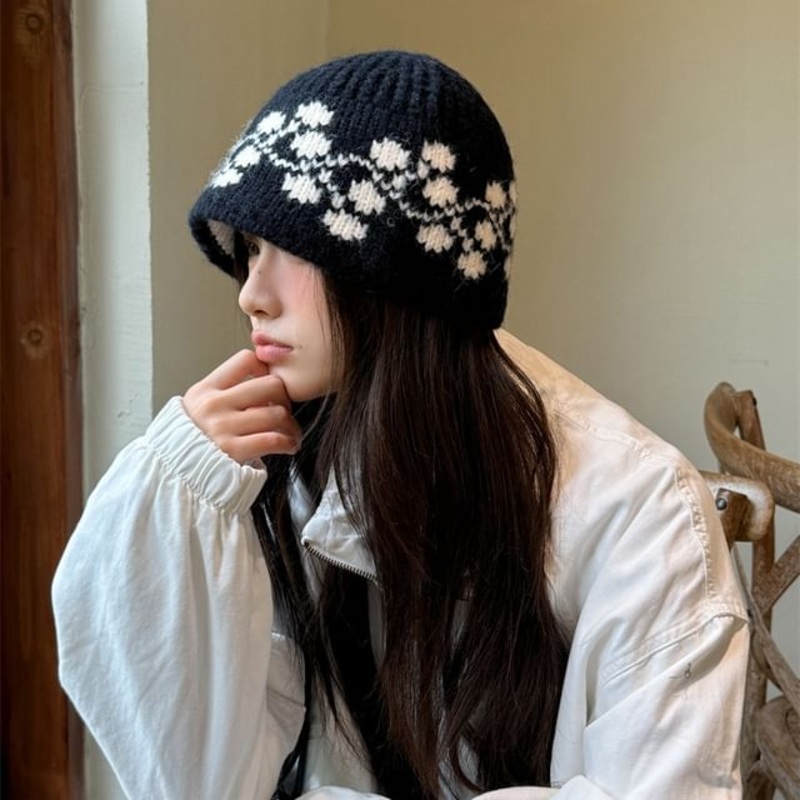 Beanie Patterned Knit|Beige|Black|Navy Blue|White|One Size