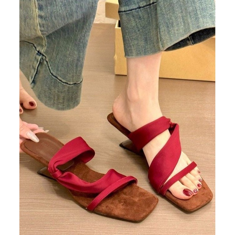 Boutique Sandals Slide Splicing Faux Wedge Mulberry Leather