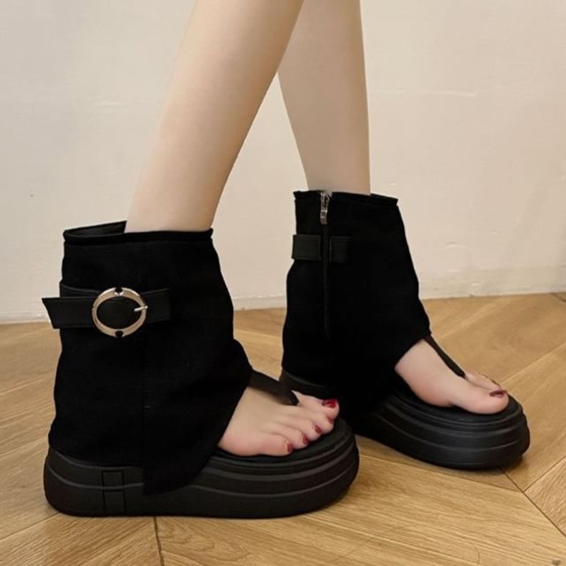 Buckled Boots Platform Thong|Black|Khaki|Off-White|35|36|37|38|39