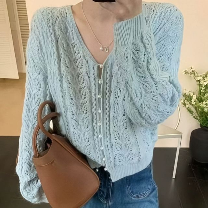Cardigan Faux Pearl Button V-Neck Pointelle Knit Plain