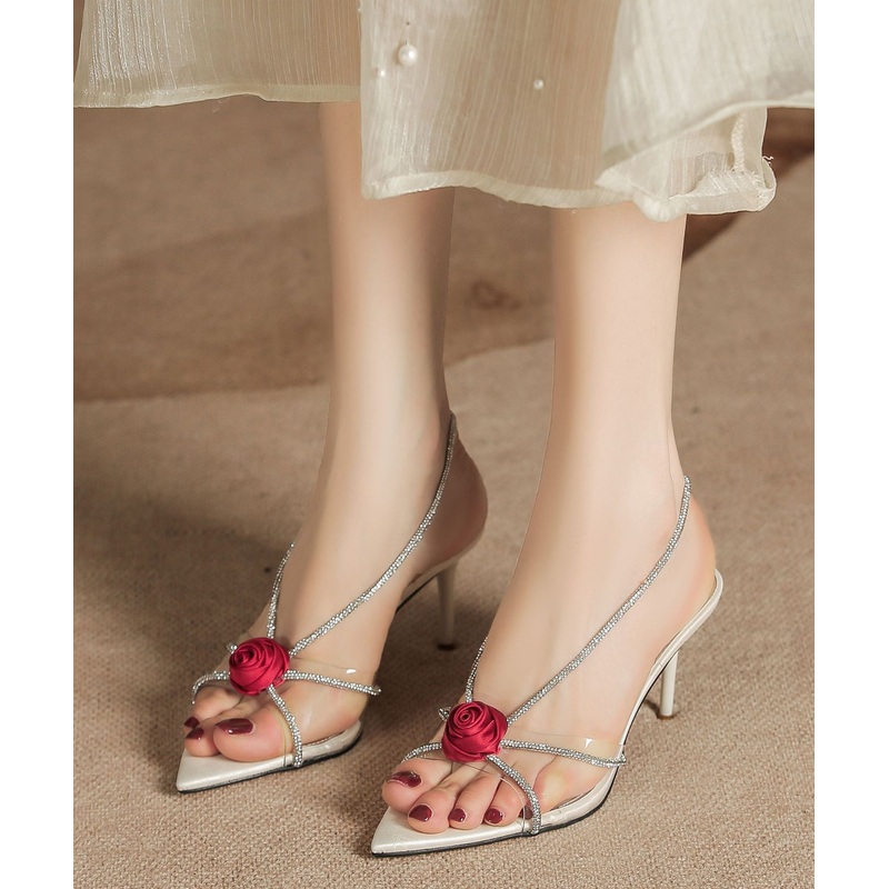 Chic Faux Beige Splicing Sandals Floral Leather Stiletto