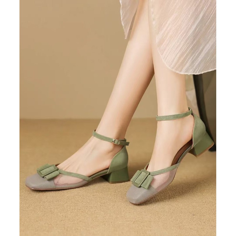 Chunky Strap Sandals Chic Tulle Splicing Buckle Green Grass
