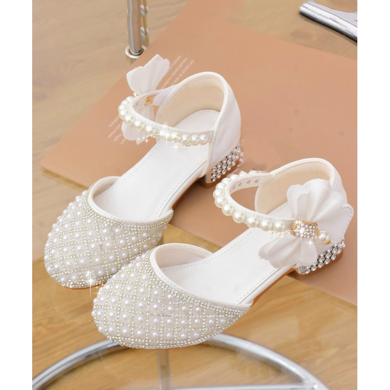 Kids Zircon Strap Buckle Classy Pearl Sandals White