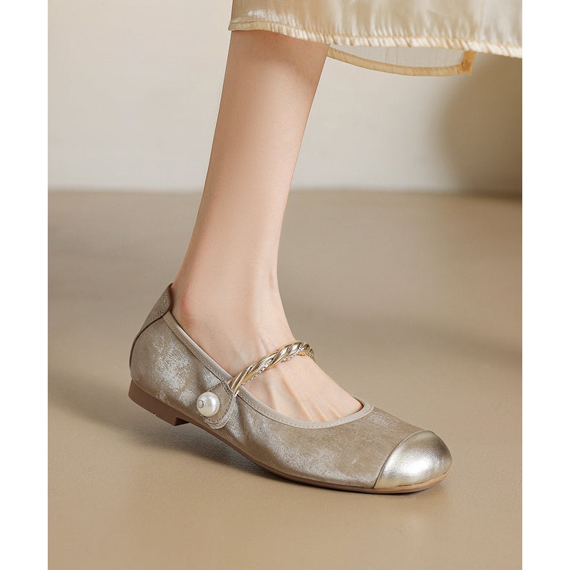 Penny Boutique Strap Loafers Apricot Buckle Cowhide Splicing