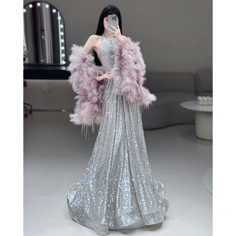 / Shirred Fluffy Cape Set Gown Halter-Neck Sequined A-Line Evening