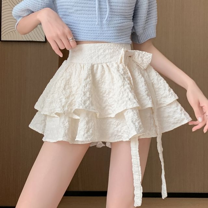 Skirt Waist High Bow Plain Mini A-Line Ruffle
