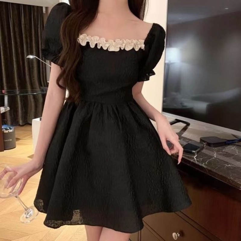 Square Neck Mini Ruffle Dress Plain A-Line Puff-Sleeve