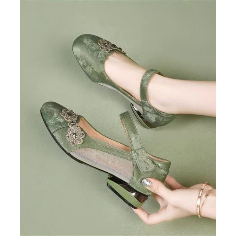 Strap Mesh Breathable Green Splicing Satin Sandals Buckle