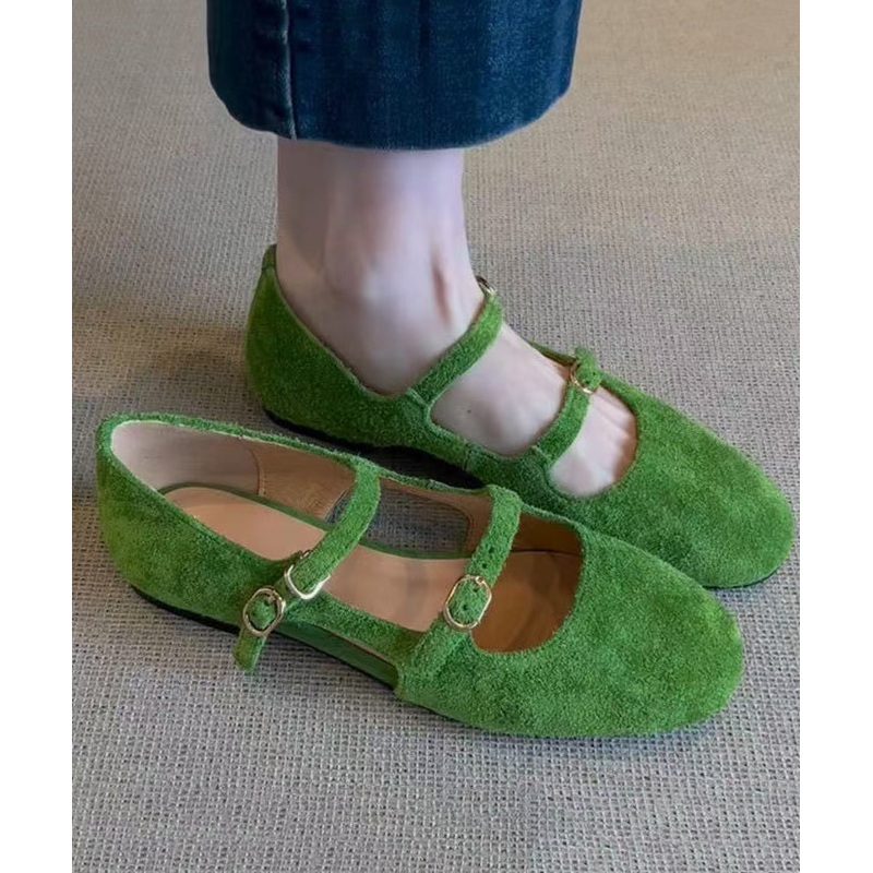 Suede Shoes Feet Casual Strap Green Splicing Flat Buckle