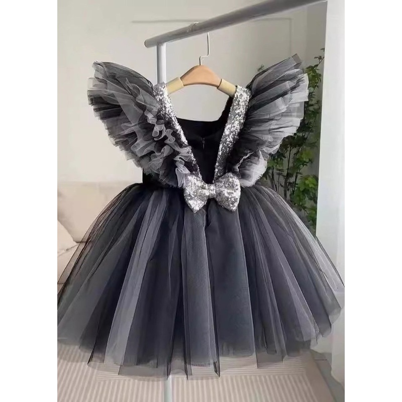 Tulle Summer Patchwork Black Long Girls Casual V Neck Dress