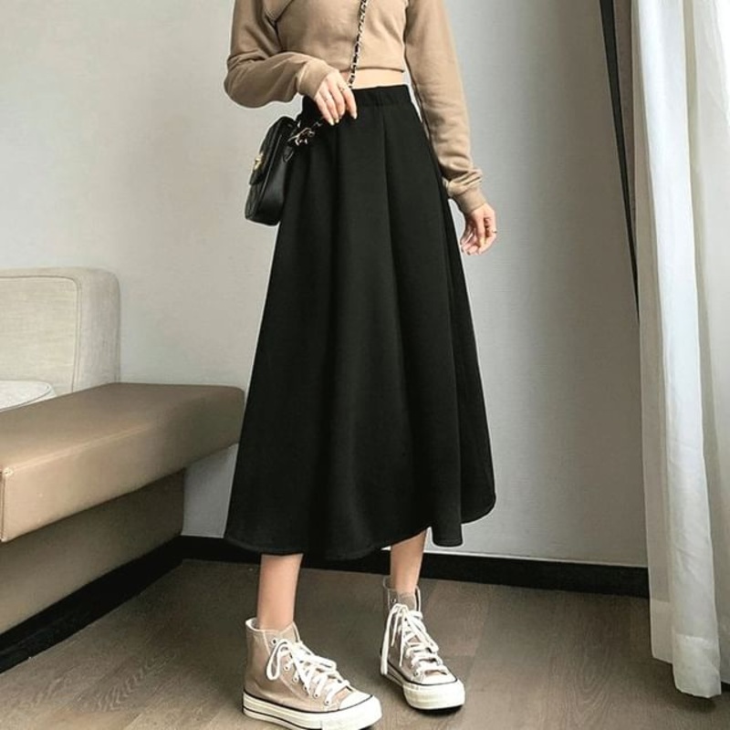 Waist High A-Line Skirt Plain Midi