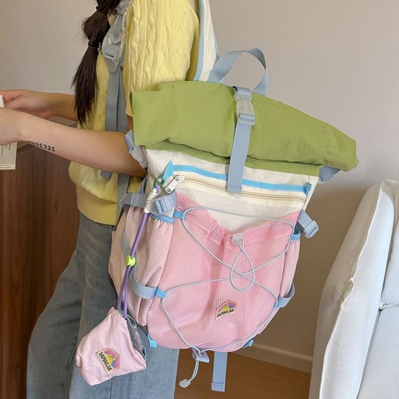 Zip Block Backpack Color|Coffee & Khaki|Pink & Green|Purple & Green|One Size