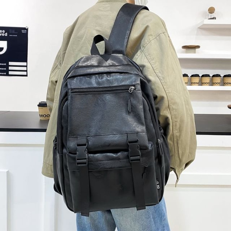 Zip Leather Backpack Plain Faux