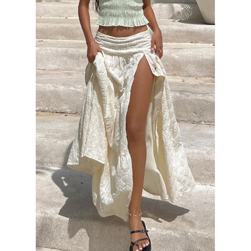 Bohemian Summer Waist Beige Side Cotton Open Skirts High