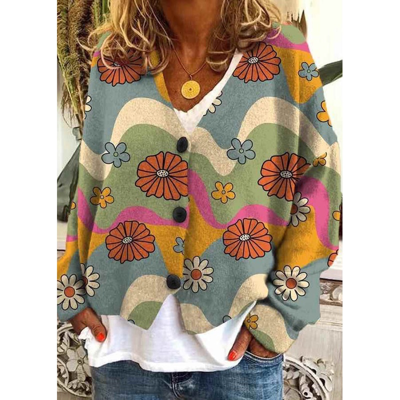 Button Blue Loose Spring Neck Print Cardigan V Knit