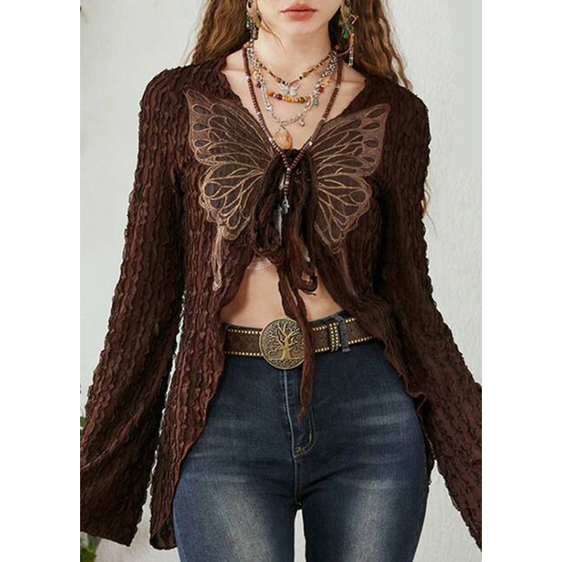 Cardigan Cotton Up Patchwork Knitting Chic Brown Lace Butterfly