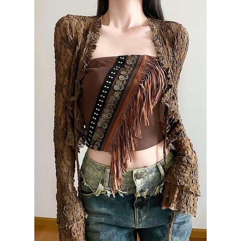 Cardigans Two Up Brown Sexy Tank Tasseled Lace Out And Hollow