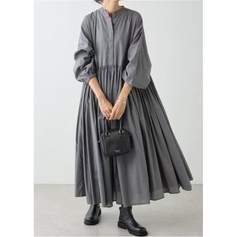 Classy Shirts Spring Dress Grey Solid Cotton Wrinkled