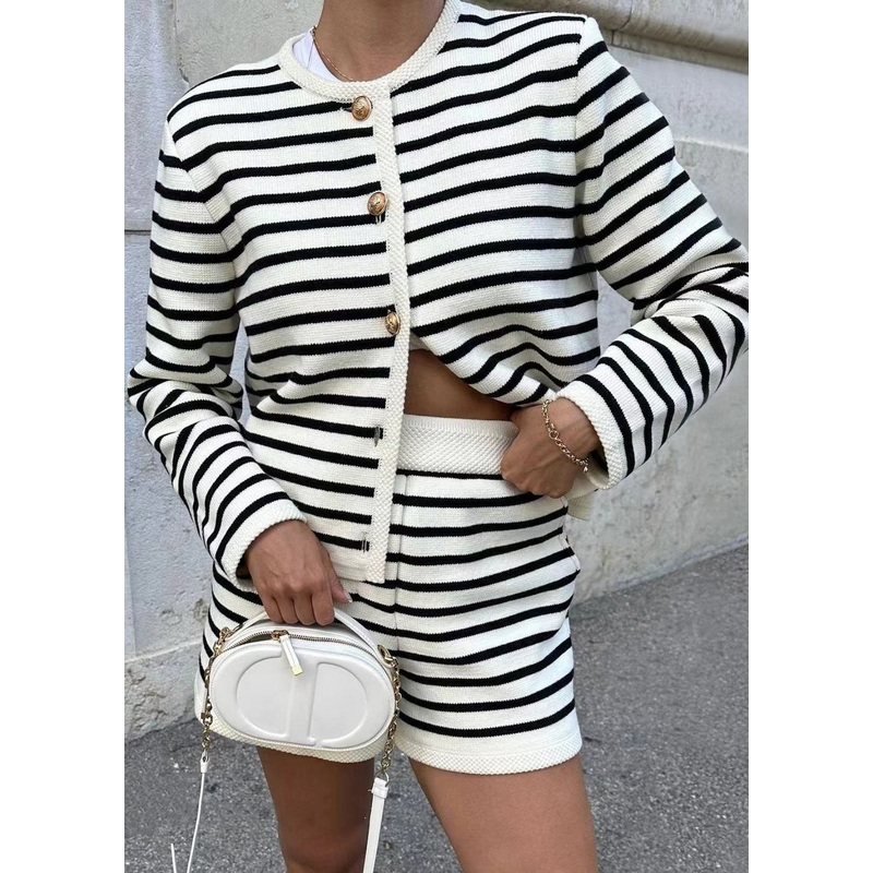 Coat Shorts Cotton Button Striped Set Piece New And Two Knitting