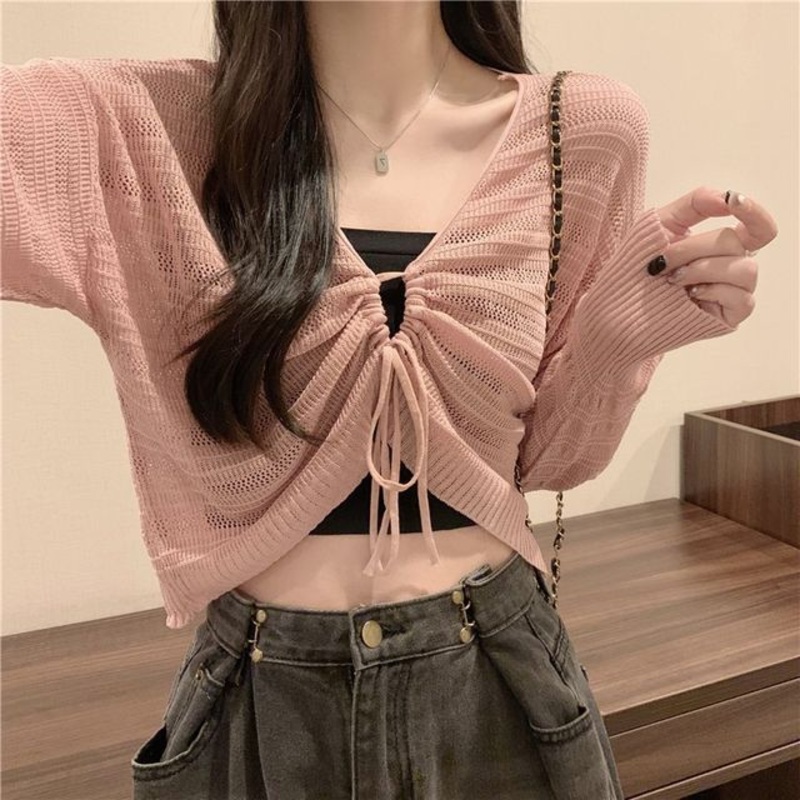 Drawstring V-Neck Plain Top Cropped Knit