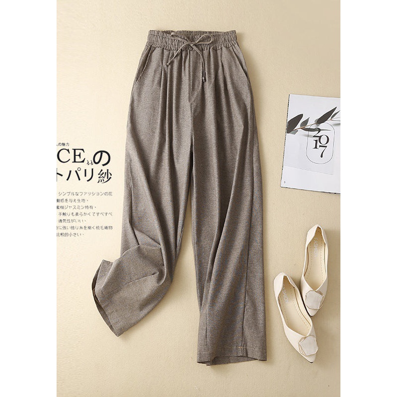 Elastic Linen Pants Khaki Women Waist Spring