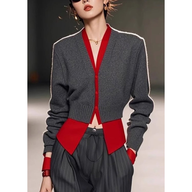 False Grey Pieces Art Sweater Neck V Patchwork Spring Two Knit
