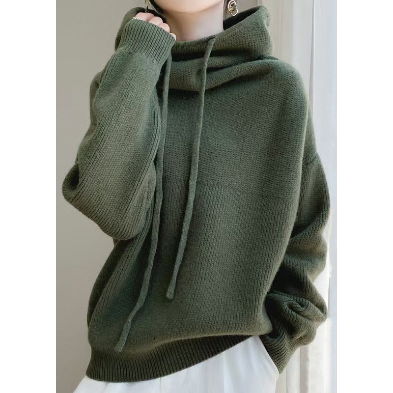 Green Sweaters Wool Up Knit Loose Hooded Spring Lace