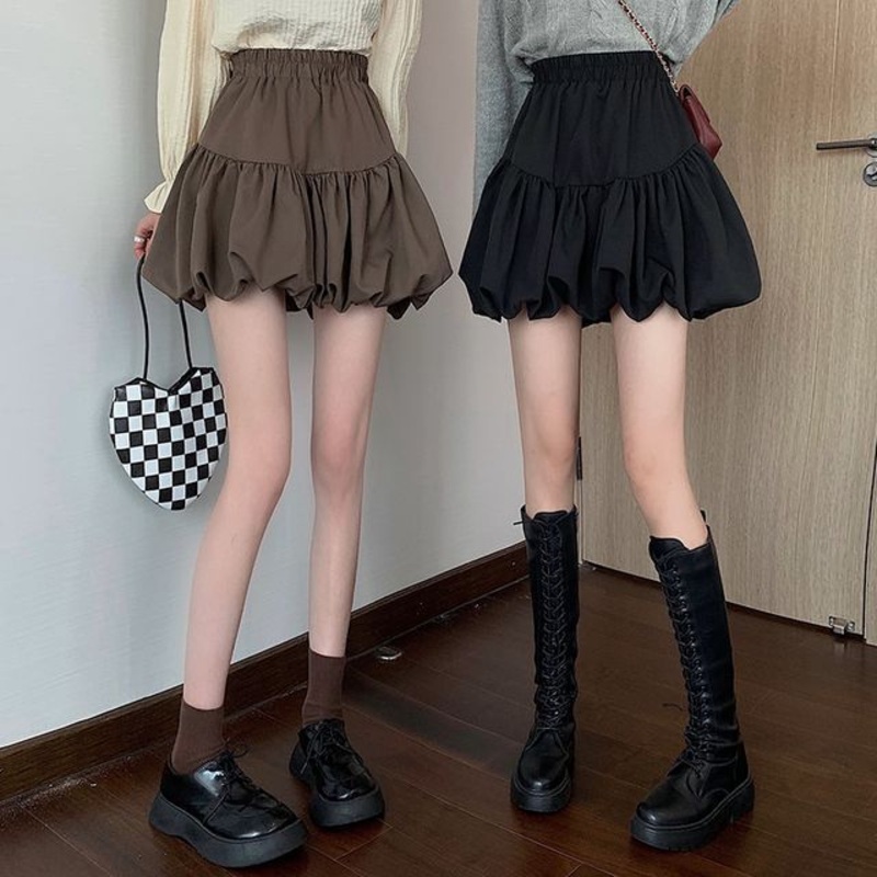 High-Waist Plain Bubble Skirt|Black|Coffee|One Size
