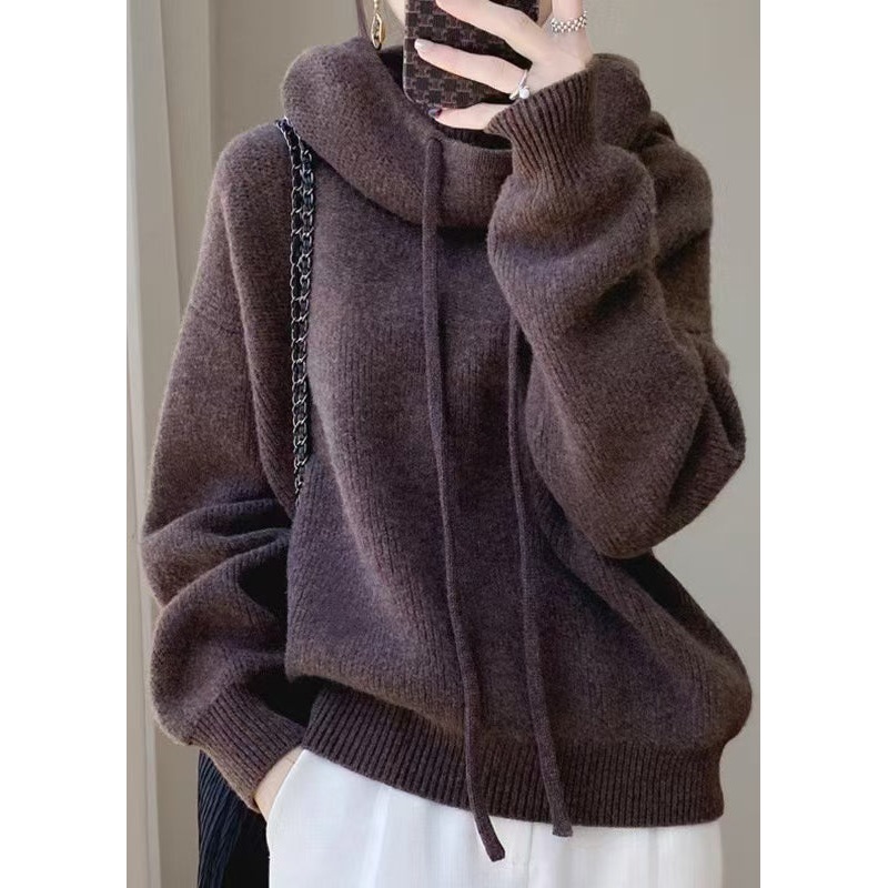 Knit Solid Spring Brown Sweater Cozy Hooded Wool
