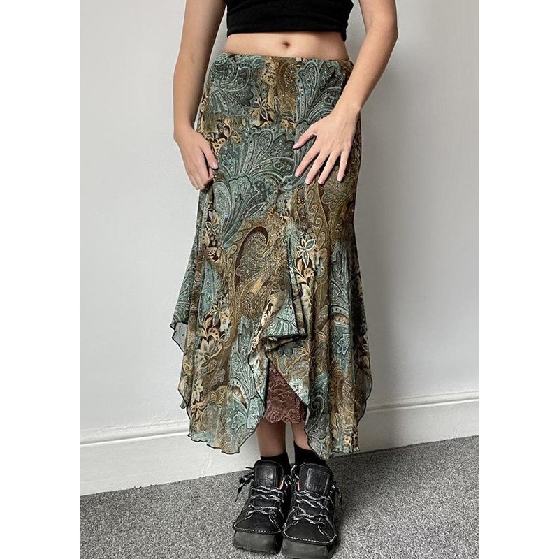 Lace Green Patchwork Print Skirts Vintage Summer