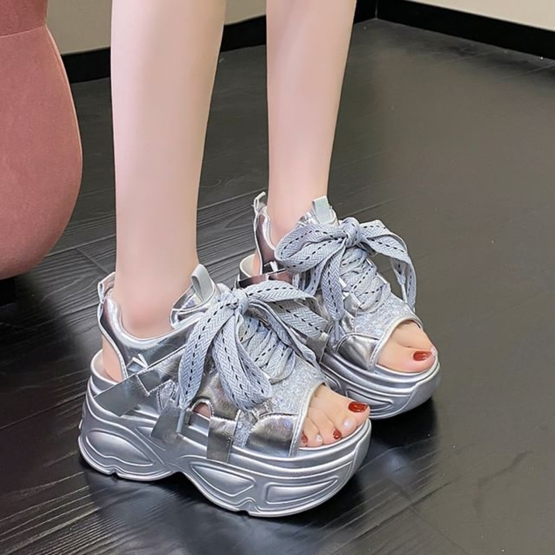 Lace-Up Platform Sandals Slingback Sequin