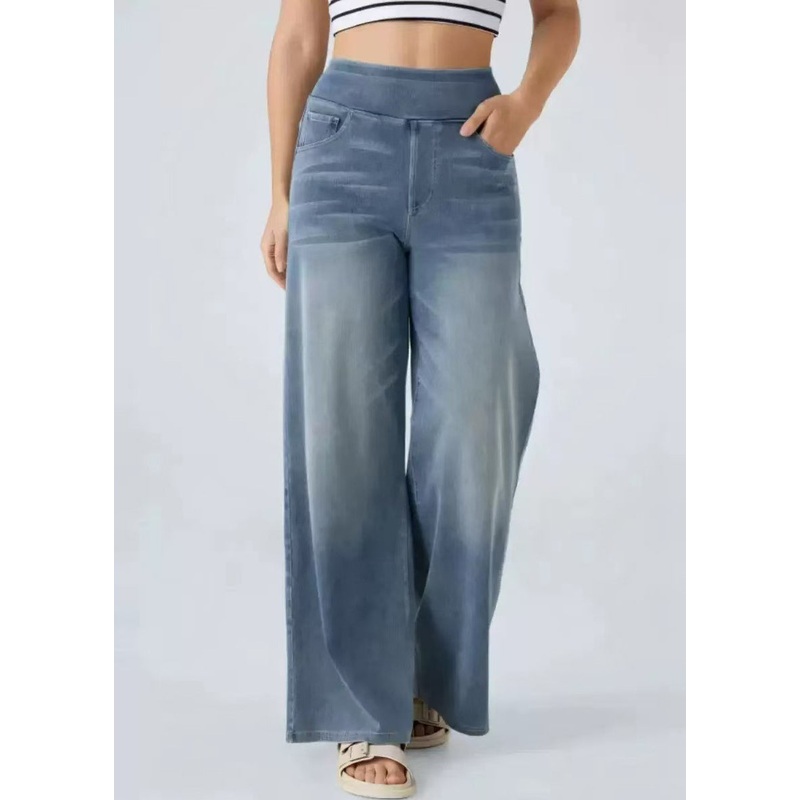 Leg Light Blue Wide Waist Denim Elastic Vintage Pockets Pants