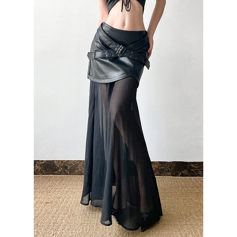New Waist Faux Skirt Tulle Leather High Summer Patchwork Black