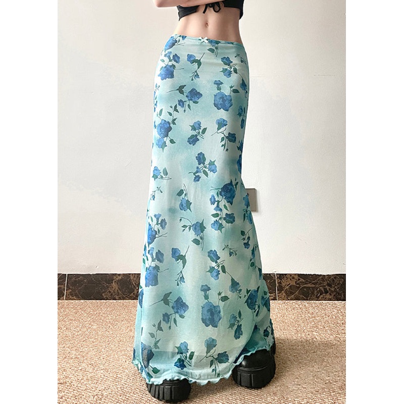 Slim Summer Skirt Print Waist Fit Blue High Tulle