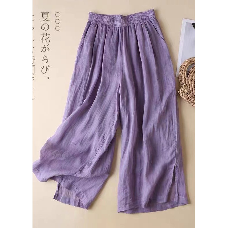 Straight Linen Elastic Beautiful Open Lavender Waist Pants Side