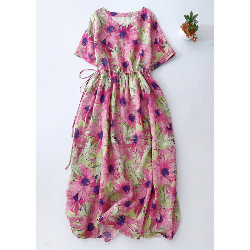 Summer Pink Cinched Vacation Print Dresses Linen Beautiful