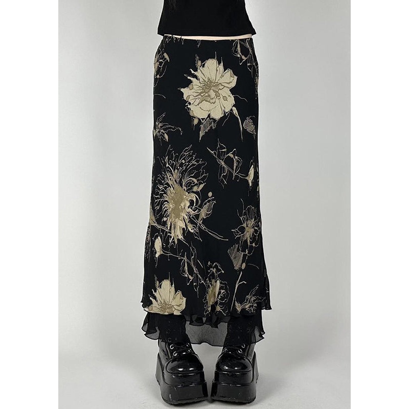 Summer Skirt Print Black High Waist Tulle Vintage