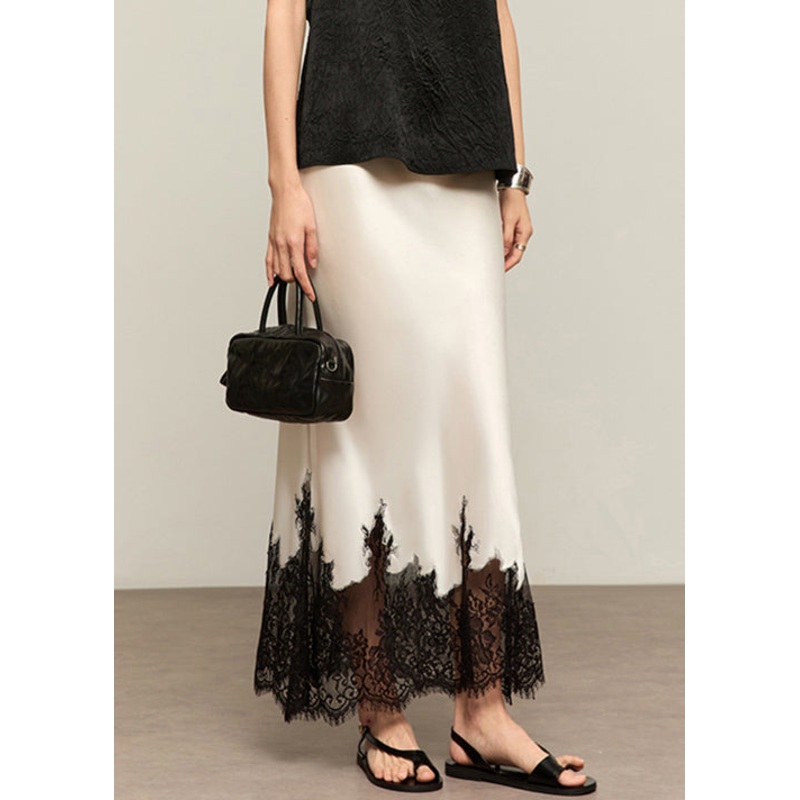 Summer White French High Lace Patchwork Silk Skirts Waist