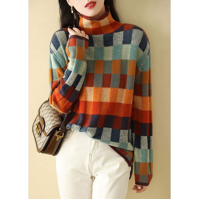 Sweaters Plaid Knit Spring Turtleneck Chic Cozy
