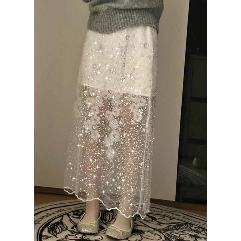 Tulle Nail Bead White Summer Skirt Handmade Sequins