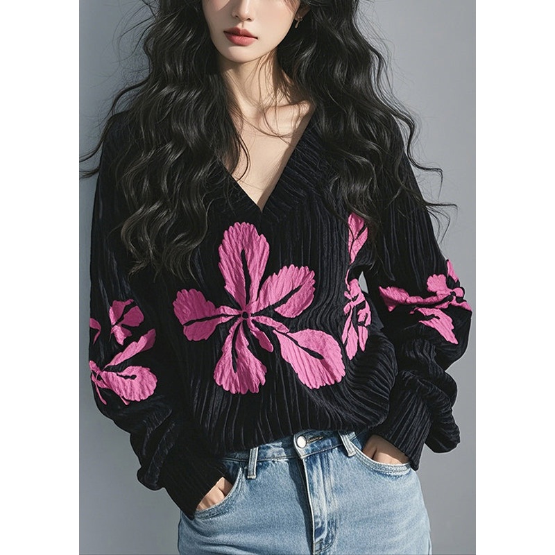 V Black Corduroy Neck Print Top Shirt T French Spring