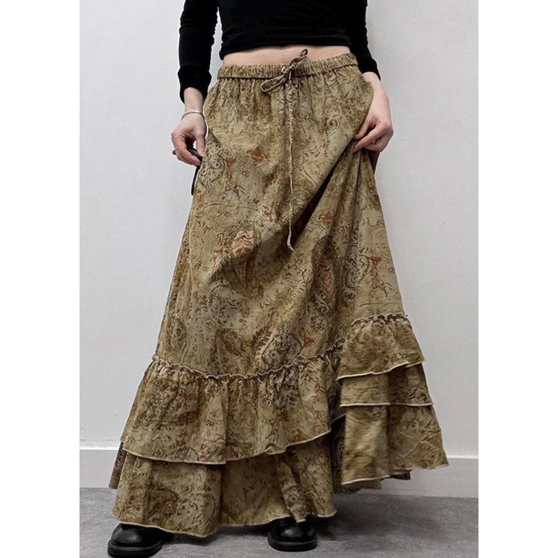 Waist Skirts New Print Cotton Summer Khaki Elastic Maxi Ruffled