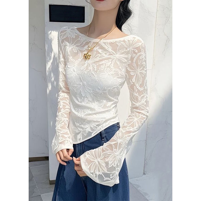 White Asymmetrical Flare T Sleeve Shirts Slim Jacquard Tulle Fit