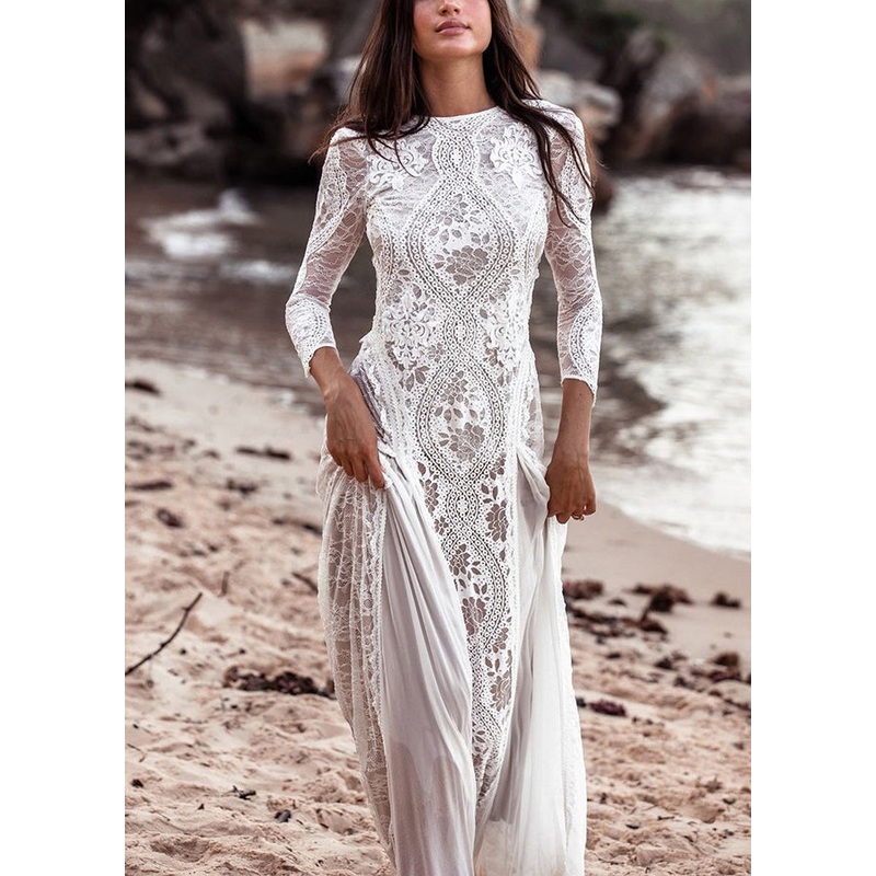 White Elegant Maxi Hollow Dresses Spring Backless Out Lace