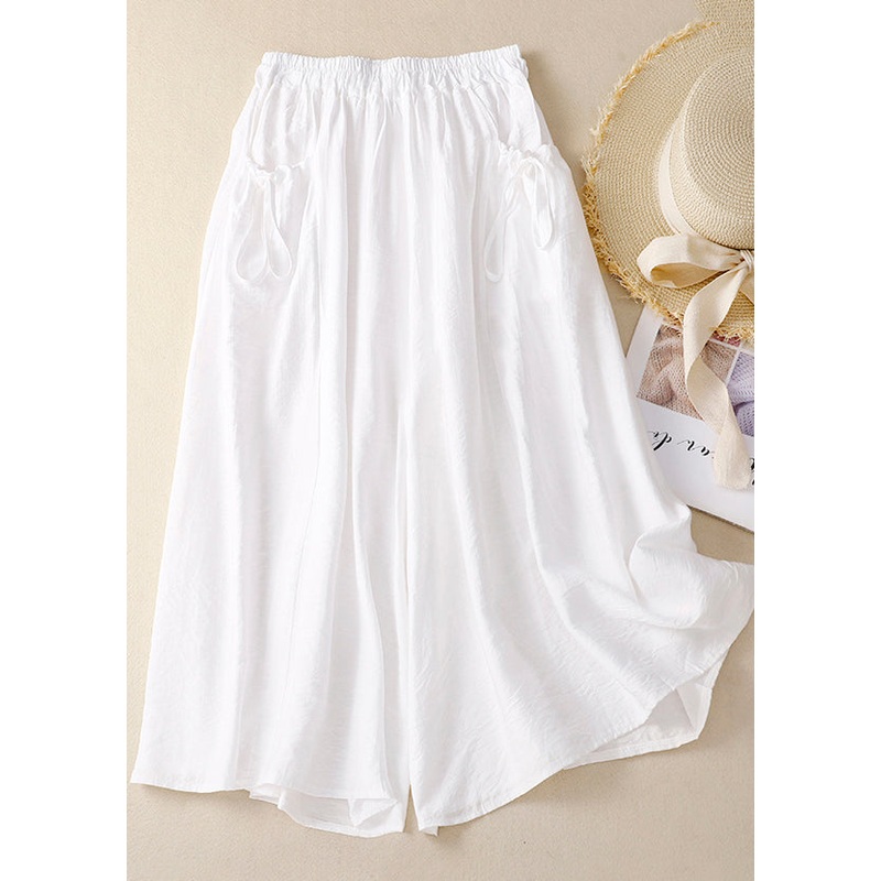 White Pockets Wide Waist Leg Elastic Chic Cotton Pants Summer