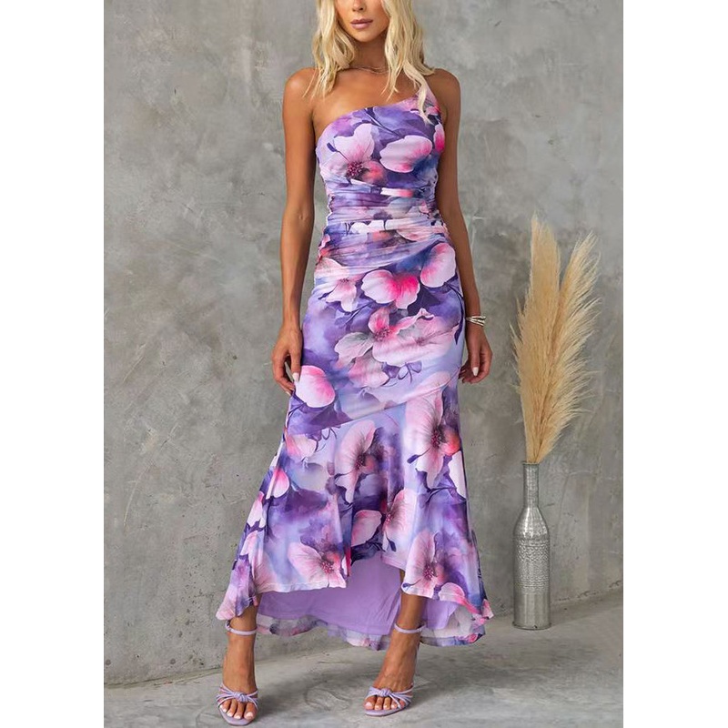 Zippered New Cotton Print Long Purple High Dresses Waist